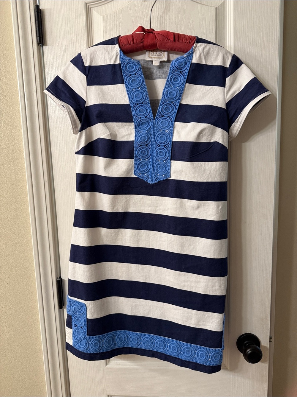 Sail to Sable Navy & White Striped Shift Dress with Blue Embroidered Trim